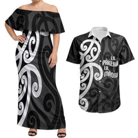 Lil Pakeha Lil Maori New Zealand Couples Matching Off Shoulder Maxi Dress and Hawaiian Shirt Kiwi Proud Mangopare Pattern LT14 Black - Polynesian Pride