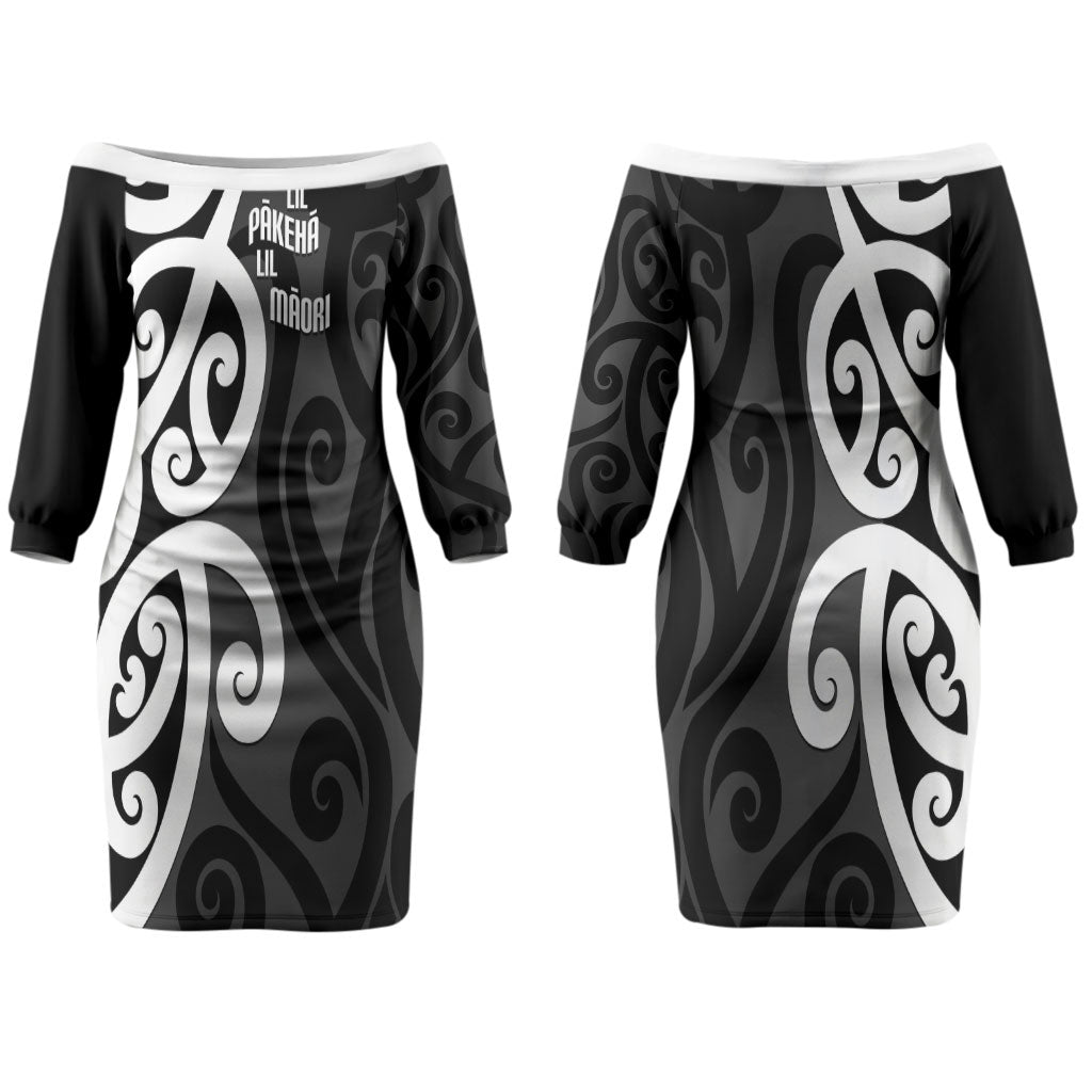 Lil Pakeha Lil Maori New Zealand Couples Matching Off The Shoulder Long Sleeve Dress and Long Sleeve Button Shirt Kiwi Proud Mangopare Pattern LT14 - Polynesian Pride