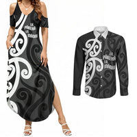 Lil Pakeha Lil Maori New Zealand Couples Matching Summer Maxi Dress and Long Sleeve Button Shirt Kiwi Proud Mangopare Pattern LT14 Black - Polynesian Pride