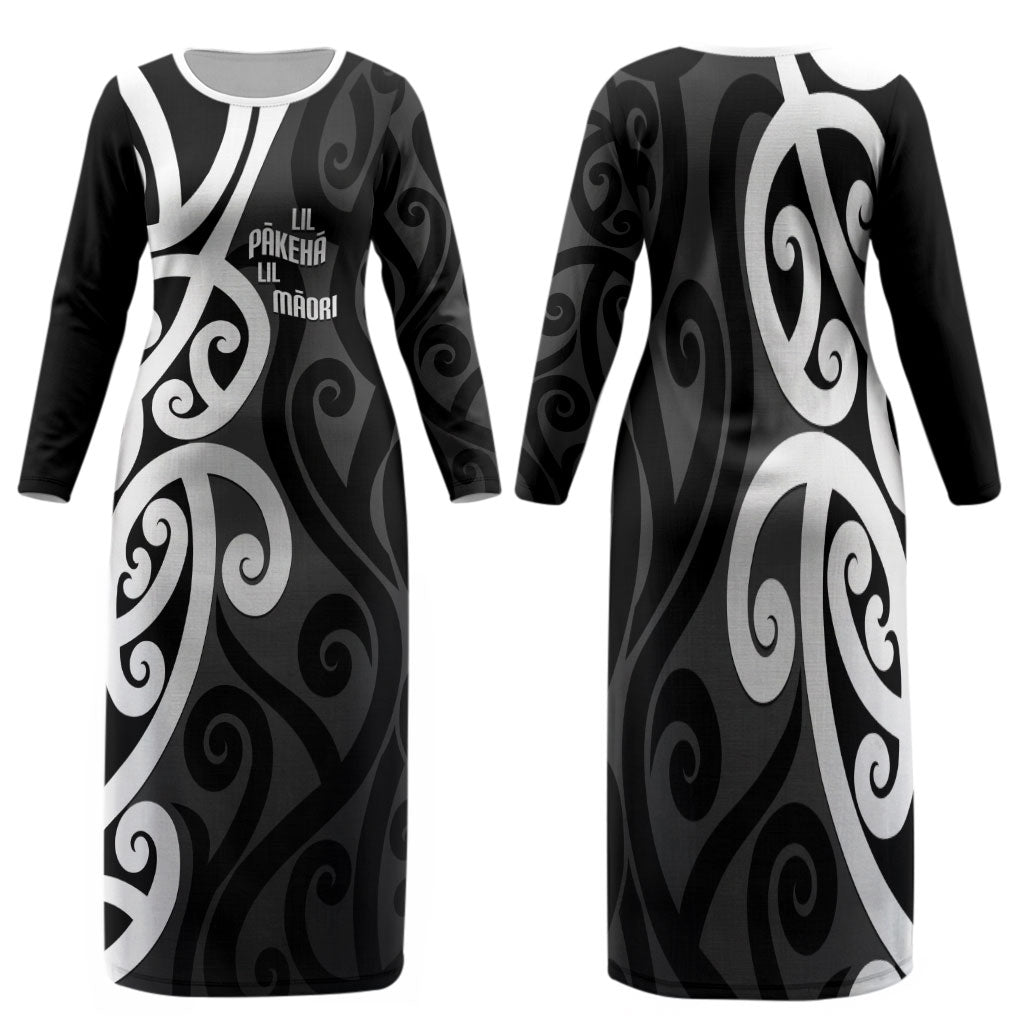 Lil Pakeha Lil Maori New Zealand Family Matching Long Sleeve Bodycon Dress and Hawaiian Shirt Kiwi Proud Mangopare Pattern LT14 Mom's Dress Black - Polynesian Pride