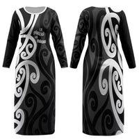 Lil Pakeha Lil Maori New Zealand Family Matching Long Sleeve Bodycon Dress and Hawaiian Shirt Kiwi Proud Mangopare Pattern LT14 Mom's Dress Black - Polynesian Pride