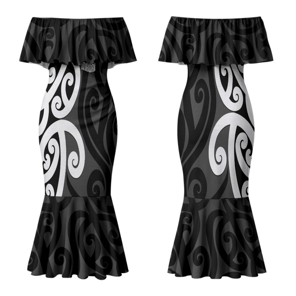 Lil Pakeha Lil Maori New Zealand Family Matching Mermaid Dress and Hawaiian Shirt Kiwi Proud Mangopare Pattern LT14 Mom's Dress Black - Polynesian Pride