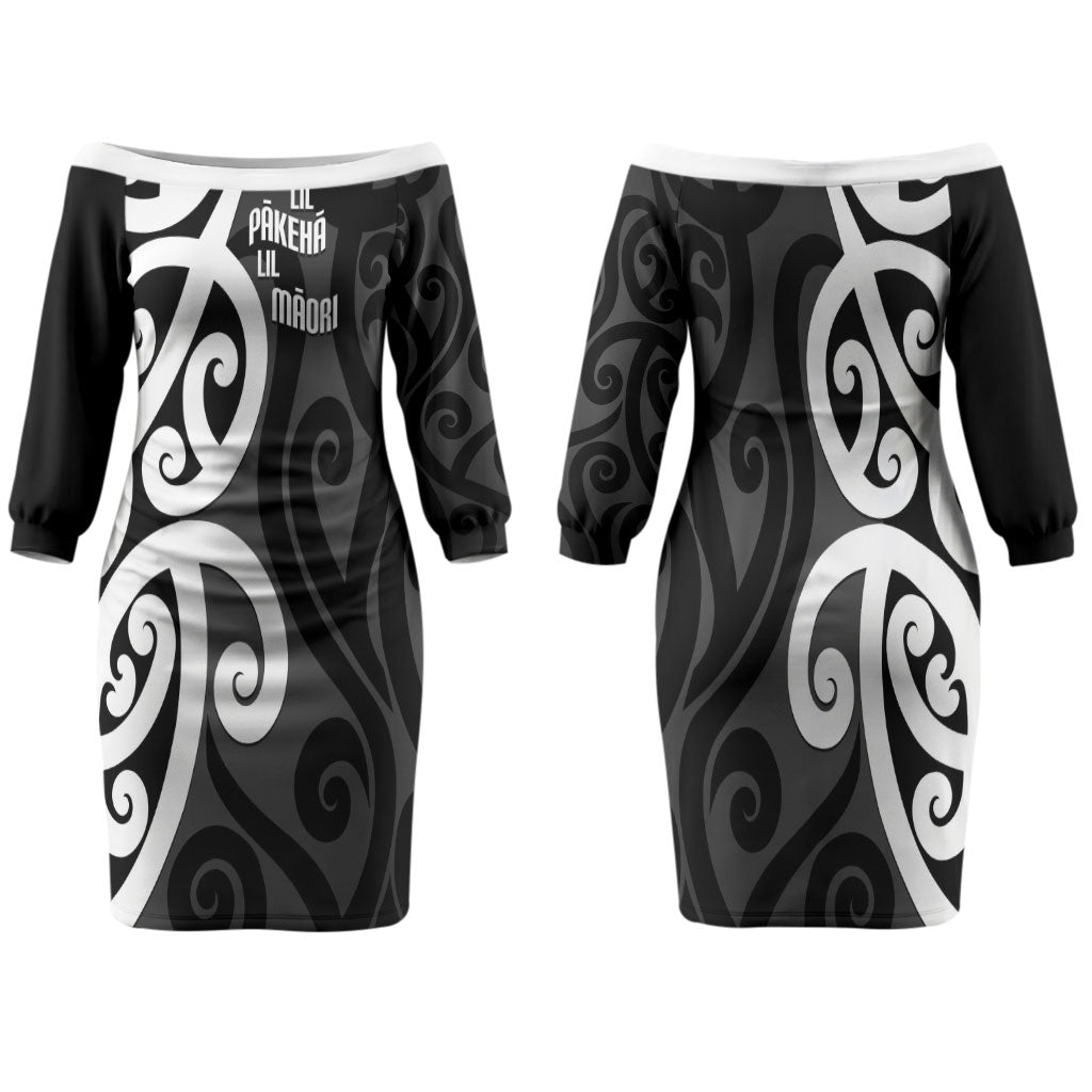 Lil Pakeha Lil Maori New Zealand Family Matching Off The Shoulder Long Sleeve Dress and Hawaiian Shirt Kiwi Proud Mangopare Pattern LT14 Mom's Dress Black - Polynesian Pride