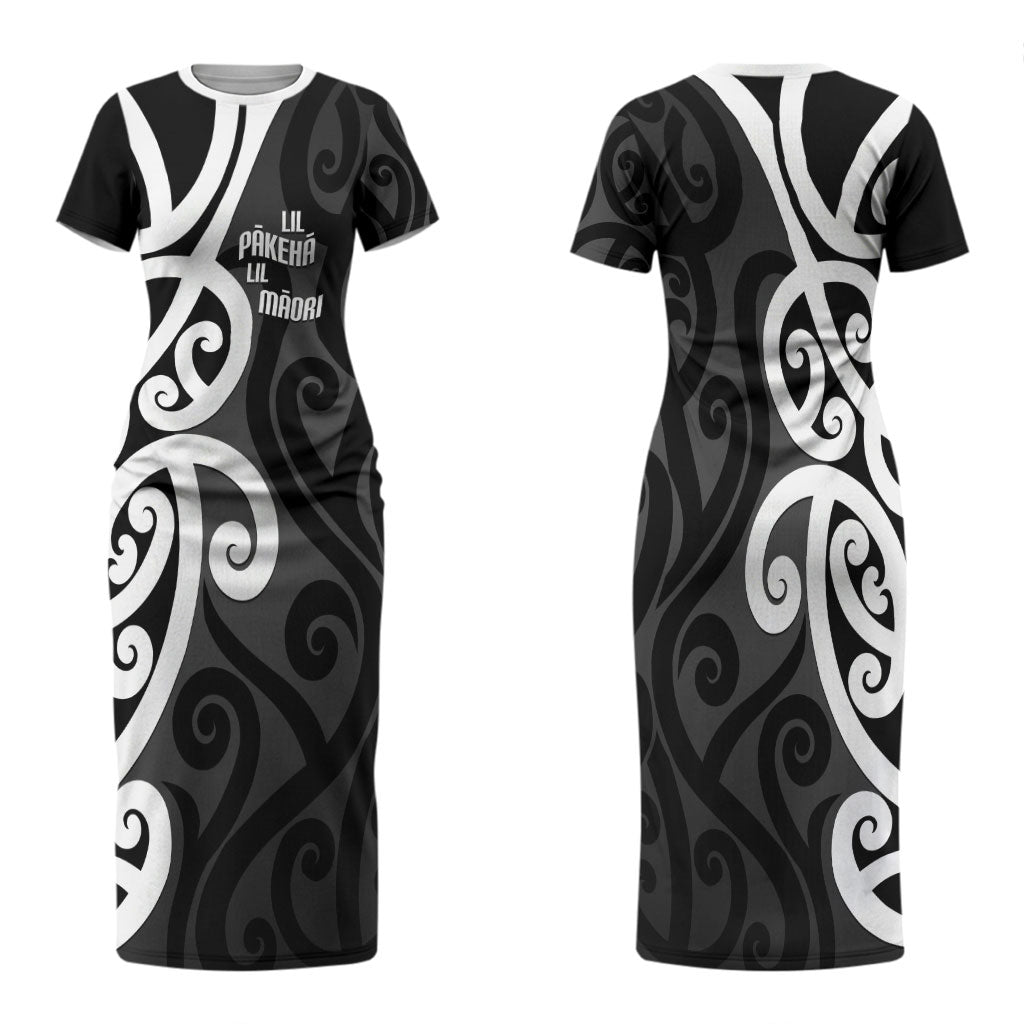 Lil Pakeha Lil Maori New Zealand Family Matching Short Sleeve Bodycon Dress and Hawaiian Shirt Kiwi Proud Mangopare Pattern LT14 Mom's Dress Black - Polynesian Pride