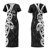 Lil Pakeha Lil Maori New Zealand Family Matching Short Sleeve Bodycon Dress and Hawaiian Shirt Kiwi Proud Mangopare Pattern LT14 Mom's Dress Black - Polynesian Pride