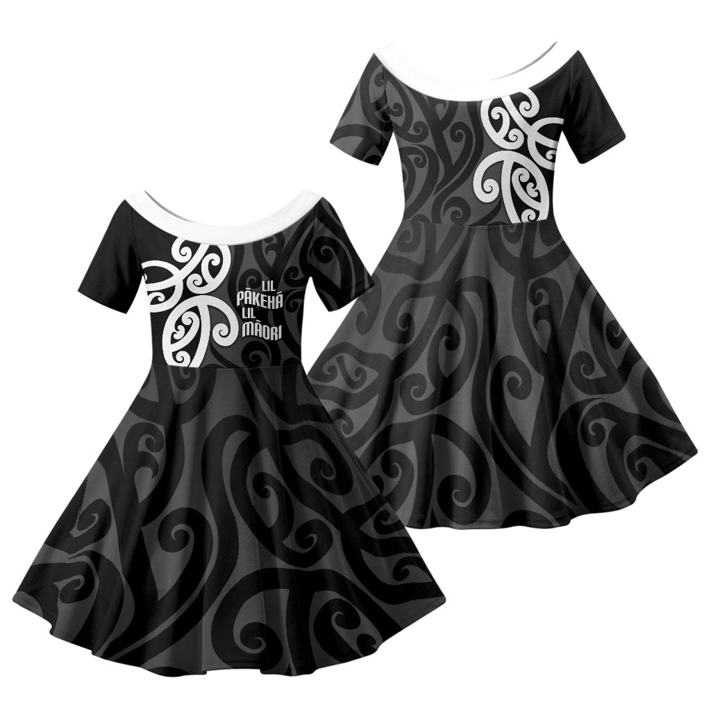 Lil Pakeha Lil Maori New Zealand Family Matching Summer Maxi Dress and Hawaiian Shirt Kiwi Proud Mangopare Pattern LT14 Daughter's Dress Black - Polynesian Pride
