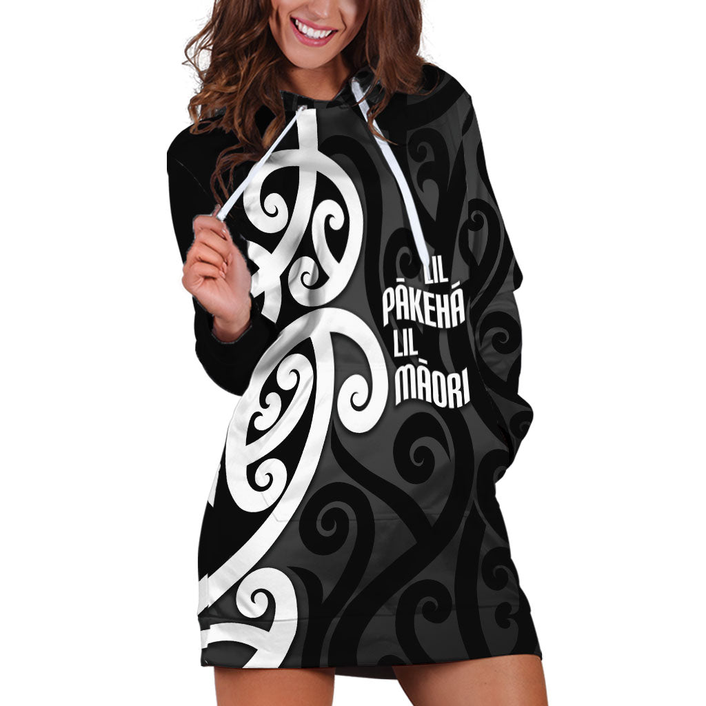 Lil Pakeha Lil Maori New Zealand Hoodie Dress Kiwi Proud Mangopare Pattern LT14 Black - Polynesian Pride