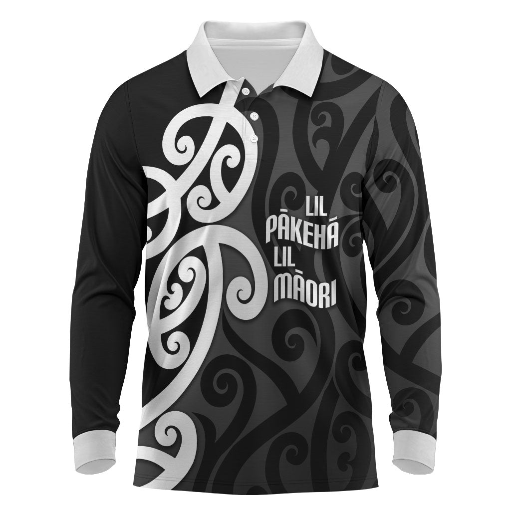 Lil Pakeha Lil Maori New Zealand Long Sleeve Polo Shirt Kiwi Proud Mangopare Pattern LT14 Black - Polynesian Pride