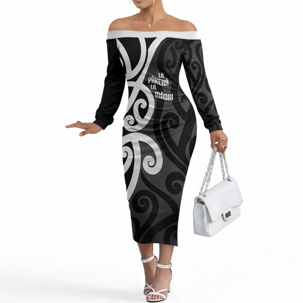 Lil Pakeha Lil Maori New Zealand Off The Shoulder Long Sleeve Dress Kiwi Proud Mangopare Pattern LT14 Women Black - Polynesian Pride