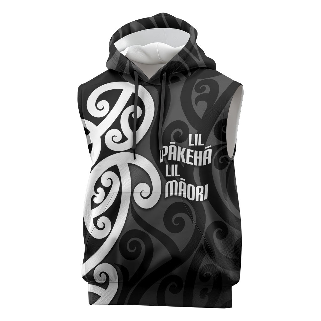 Lil Pakeha Lil Maori New Zealand Sleeveless Hoodie Kiwi Proud Mangopare Pattern LT14 Black - Polynesian Pride