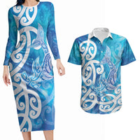 Hammerhead Shark Tattoo New Zealand Couples Matching Long Sleeve Bodycon Dress and Hawaiian Shirt Maori Galaxy Mangopare Pattern LT14 Turquoise - Polynesian Pride