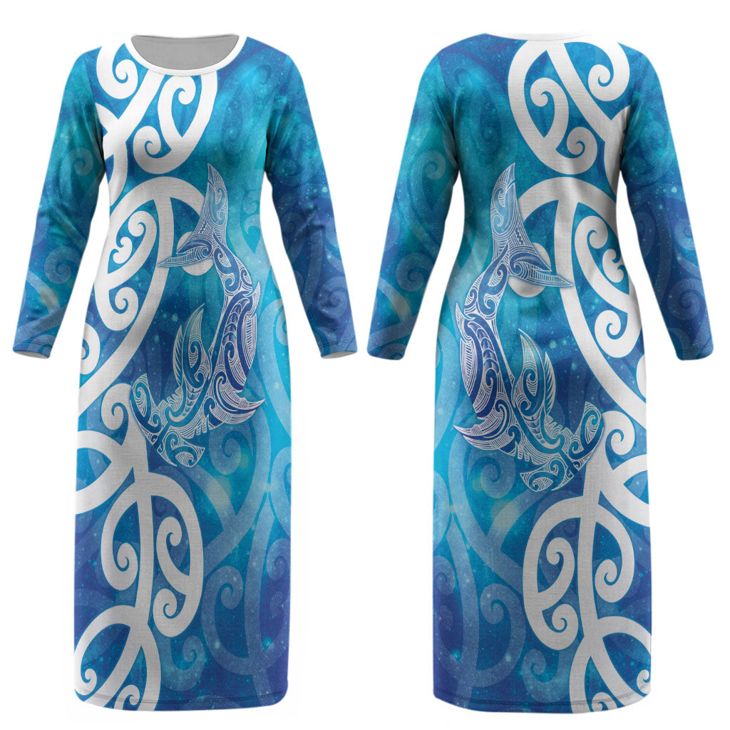 Hammerhead Shark Tattoo New Zealand Couples Matching Long Sleeve Bodycon Dress and Hawaiian Shirt Maori Galaxy Mangopare Pattern LT14 - Polynesian Pride