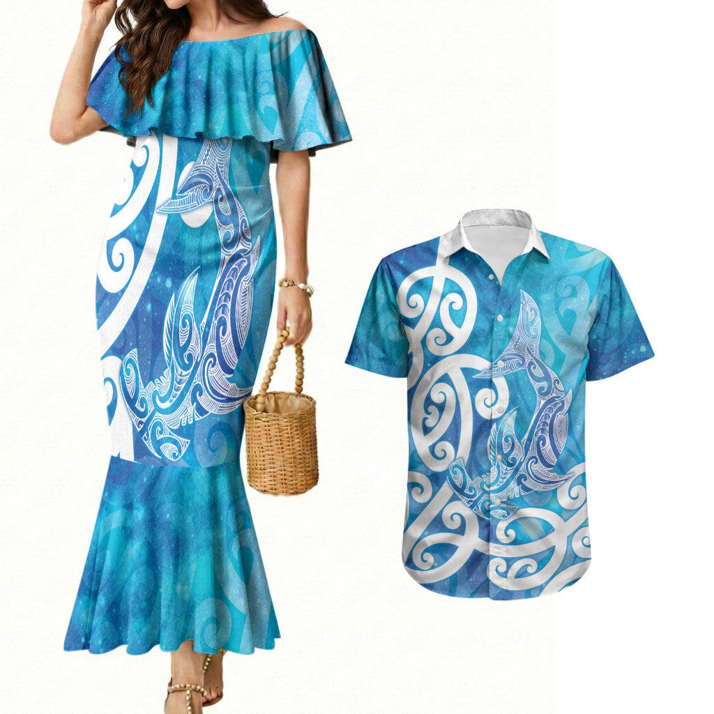 Hammerhead Shark Tattoo New Zealand Couples Matching Mermaid Dress and Hawaiian Shirt Maori Galaxy Mangopare Pattern LT14 Turquoise - Polynesian Pride