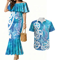 Hammerhead Shark Tattoo New Zealand Couples Matching Mermaid Dress and Hawaiian Shirt Maori Galaxy Mangopare Pattern LT14 Turquoise - Polynesian Pride