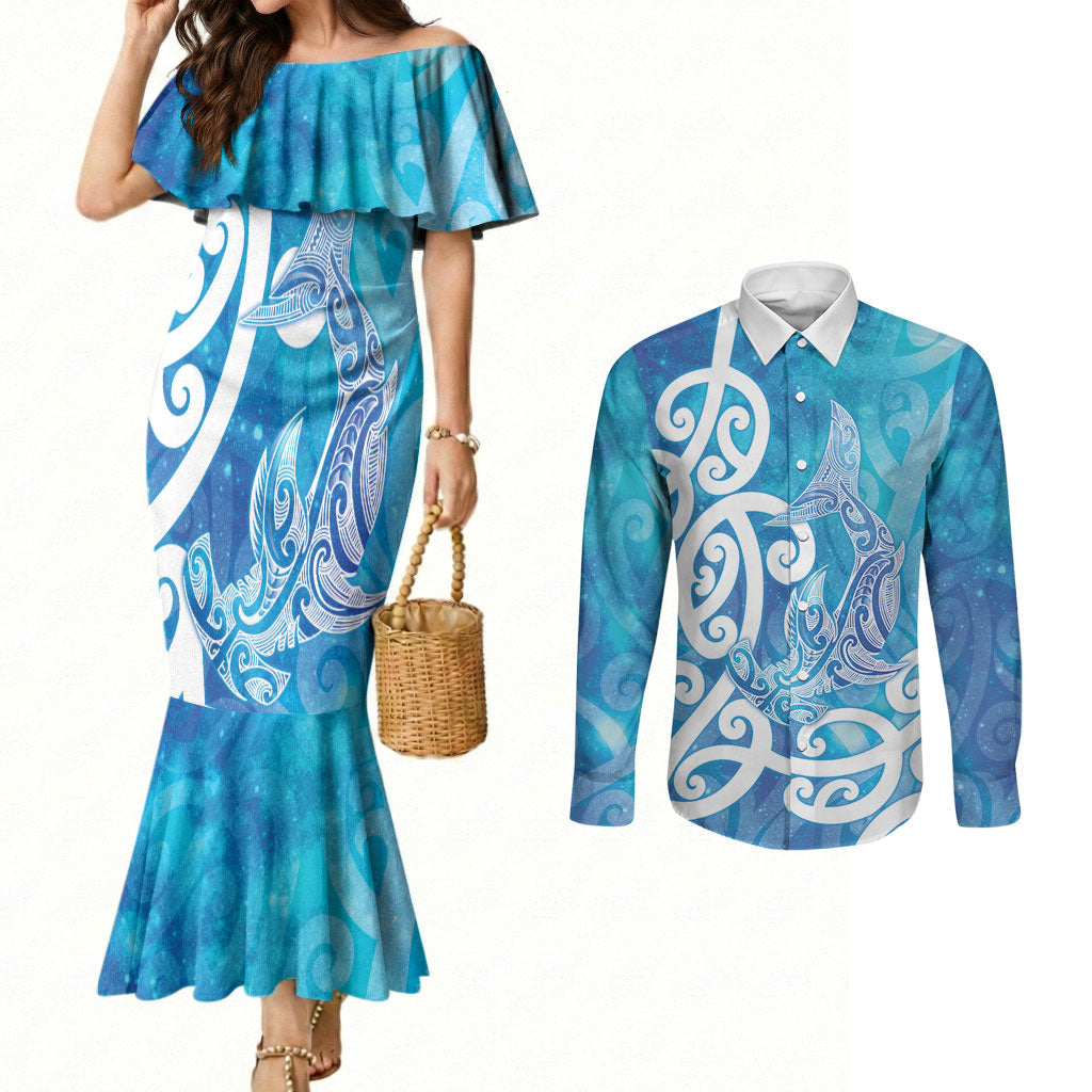 Hammerhead Shark Tattoo New Zealand Couples Matching Mermaid Dress and Long Sleeve Button Shirt Maori Galaxy Mangopare Pattern LT14 Turquoise - Polynesian Pride