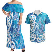 Hammerhead Shark Tattoo New Zealand Couples Matching Off Shoulder Maxi Dress and Hawaiian Shirt Maori Galaxy Mangopare Pattern LT14 Turquoise - Polynesian Pride
