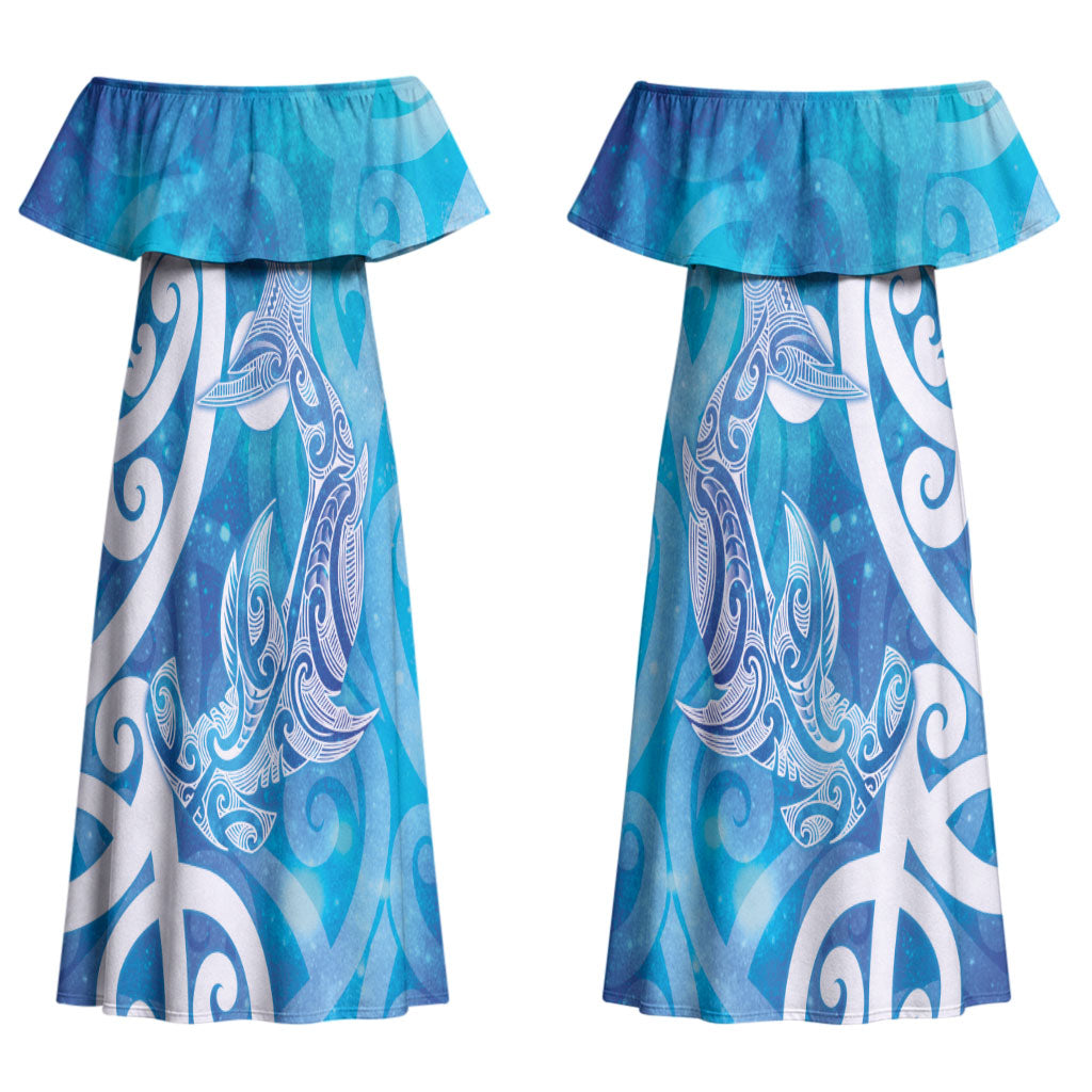 Hammerhead Shark Tattoo New Zealand Couples Matching Off Shoulder Maxi Dress and Hawaiian Shirt Maori Galaxy Mangopare Pattern LT14 - Polynesian Pride