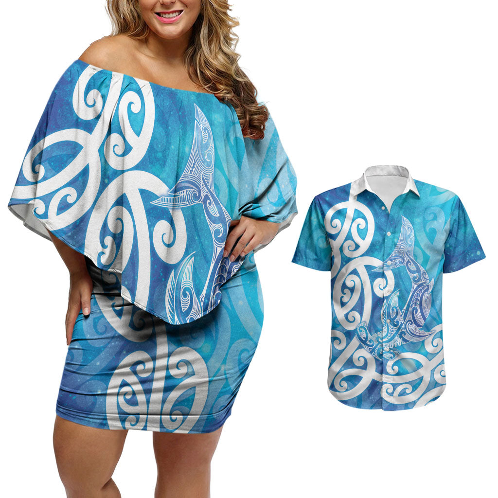 Hammerhead Shark Tattoo New Zealand Couples Matching Off Shoulder Short Dress and Hawaiian Shirt Maori Galaxy Mangopare Pattern LT14 Turquoise - Polynesian Pride