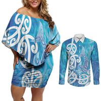 Hammerhead Shark Tattoo New Zealand Couples Matching Off Shoulder Short Dress and Long Sleeve Button Shirt Maori Galaxy Mangopare Pattern LT14 Turquoise - Polynesian Pride