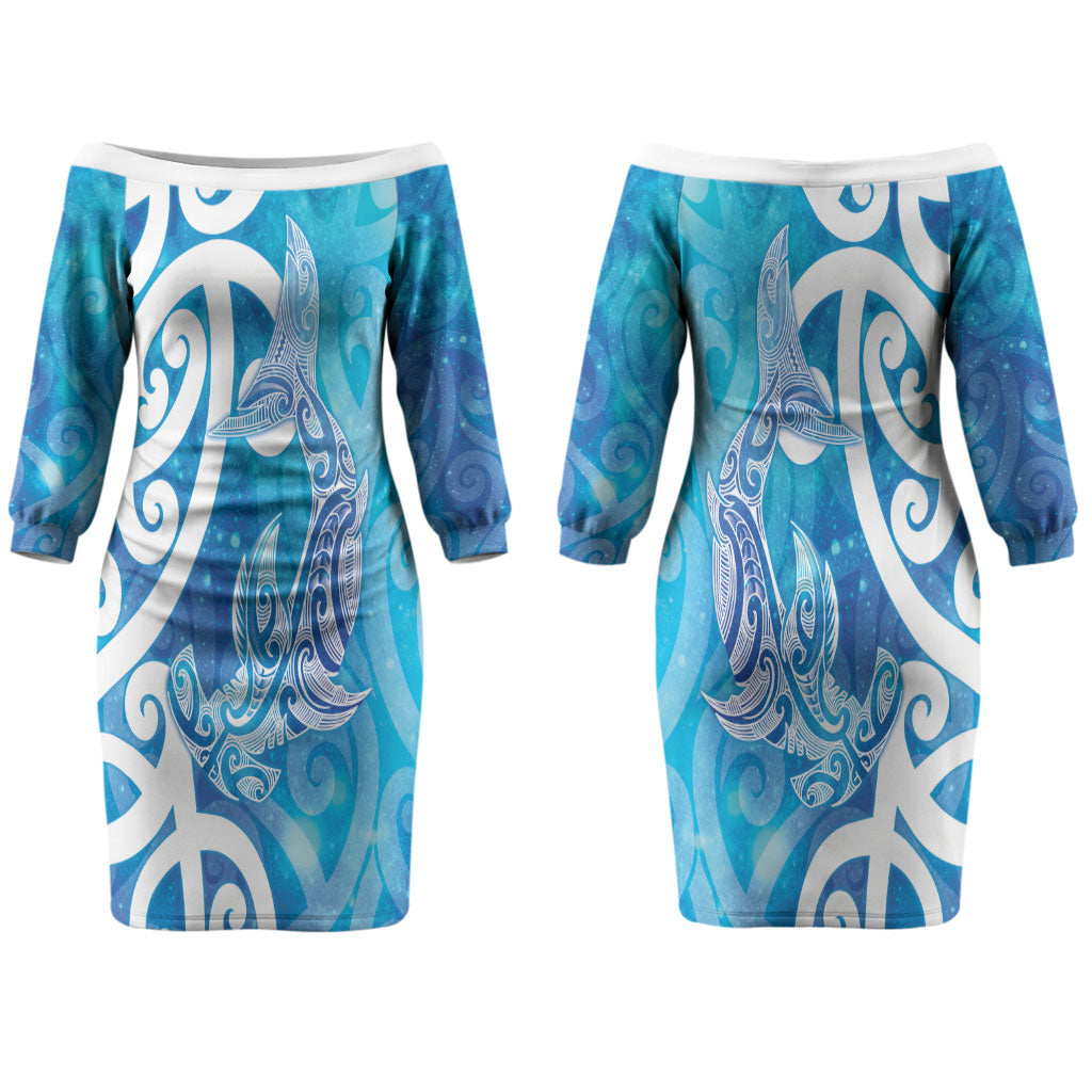 Hammerhead Shark Tattoo New Zealand Couples Matching Off The Shoulder Long Sleeve Dress and Hawaiian Shirt Maori Galaxy Mangopare Pattern LT14 - Polynesian Pride