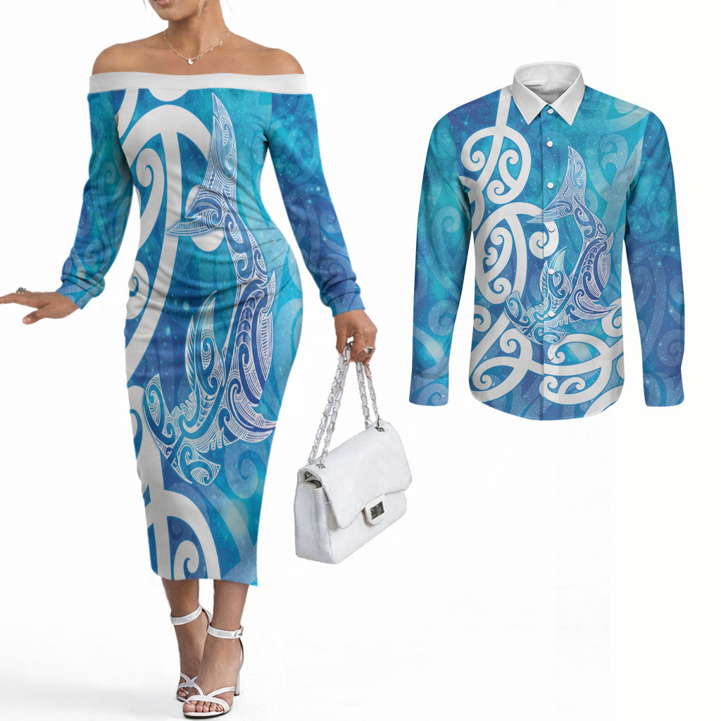 Hammerhead Shark Tattoo New Zealand Couples Matching Off The Shoulder Long Sleeve Dress and Long Sleeve Button Shirt Maori Galaxy Mangopare Pattern LT14 Turquoise - Polynesian Pride