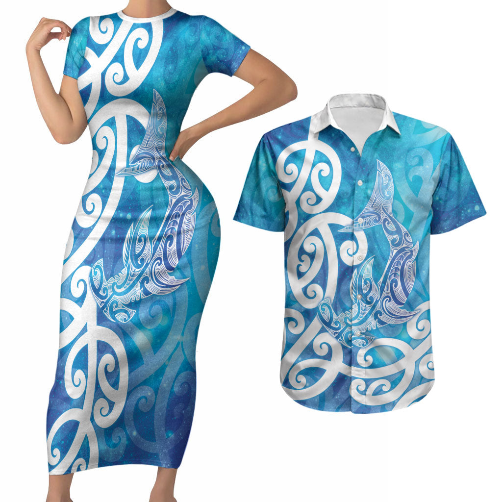 Hammerhead Shark Tattoo New Zealand Couples Matching Short Sleeve Bodycon Dress and Hawaiian Shirt Maori Galaxy Mangopare Pattern LT14 Turquoise - Polynesian Pride