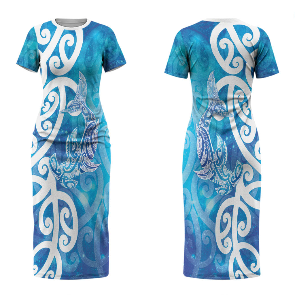 Hammerhead Shark Tattoo New Zealand Couples Matching Short Sleeve Bodycon Dress and Hawaiian Shirt Maori Galaxy Mangopare Pattern LT14 - Polynesian Pride