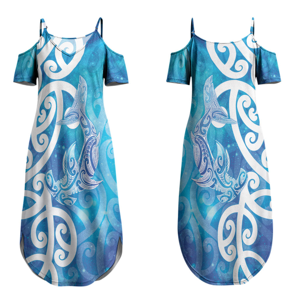 Hammerhead Shark Tattoo New Zealand Couples Matching Summer Maxi Dress and Hawaiian Shirt Maori Galaxy Mangopare Pattern LT14 - Polynesian Pride