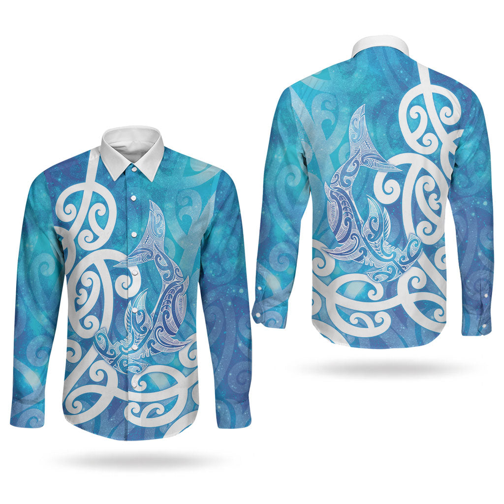 Hammerhead Shark Tattoo New Zealand Couples Matching Summer Maxi Dress and Long Sleeve Button Shirt Maori Galaxy Mangopare Pattern LT14 - Polynesian Pride