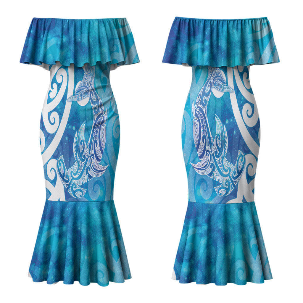 Hammerhead Shark Tattoo New Zealand Family Matching Mermaid Dress and Hawaiian Shirt Maori Galaxy Mangopare Pattern LT14 Mom's Dress Turquoise - Polynesian Pride