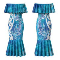 Hammerhead Shark Tattoo New Zealand Family Matching Mermaid Dress and Hawaiian Shirt Maori Galaxy Mangopare Pattern LT14 Mom's Dress Turquoise - Polynesian Pride