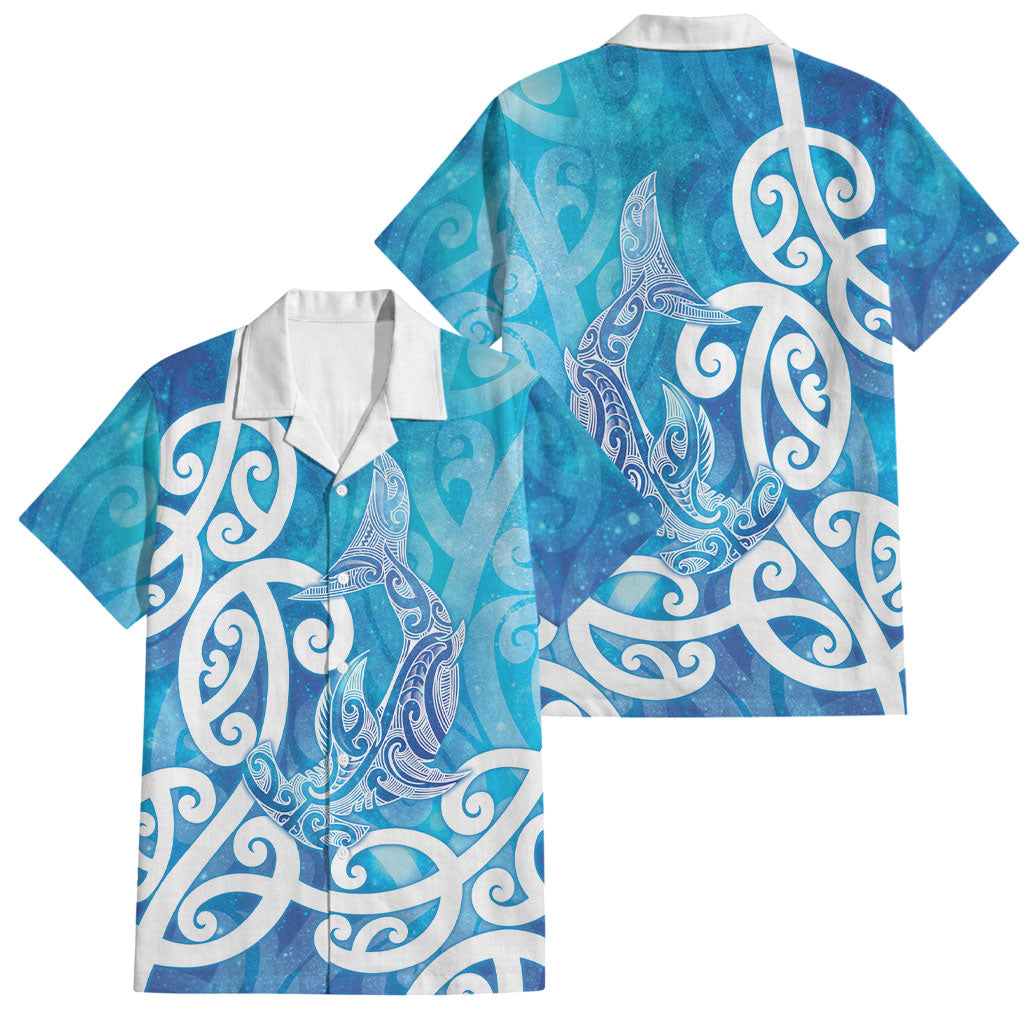 Hammerhead Shark Tattoo New Zealand Family Matching Mermaid Dress and Hawaiian Shirt Maori Galaxy Mangopare Pattern LT14 Dad's Shirt - Short Sleeve Turquoise - Polynesian Pride