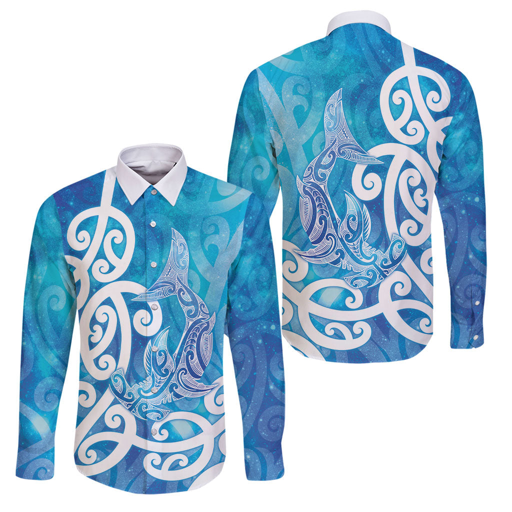 Hammerhead Shark Tattoo New Zealand Family Matching Mermaid Dress and Hawaiian Shirt Maori Galaxy Mangopare Pattern LT14 Dad's Shirt - Long Sleeve Turquoise - Polynesian Pride