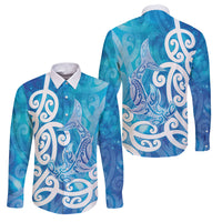 Hammerhead Shark Tattoo New Zealand Family Matching Mermaid Dress and Hawaiian Shirt Maori Galaxy Mangopare Pattern LT14 Dad's Shirt - Long Sleeve Turquoise - Polynesian Pride