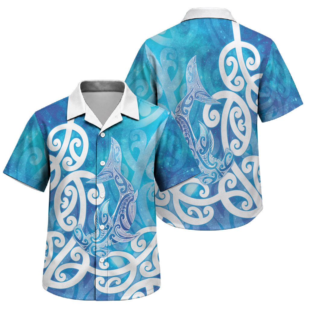 Hammerhead Shark Tattoo New Zealand Family Matching Mermaid Dress and Hawaiian Shirt Maori Galaxy Mangopare Pattern LT14 Son's Shirt Turquoise - Polynesian Pride