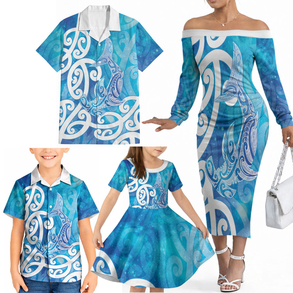 Hammerhead Shark Tattoo New Zealand Family Matching Off The Shoulder Long Sleeve Dress and Hawaiian Shirt Maori Galaxy Mangopare Pattern LT14 - Polynesian Pride