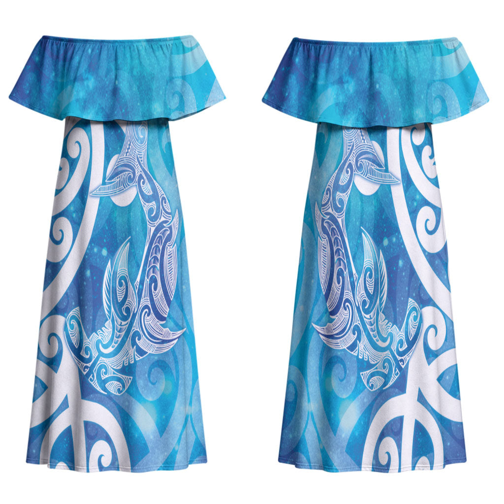 Hammerhead Shark Tattoo New Zealand Family Matching Off Shoulder Maxi Dress and Hawaiian Shirt Maori Galaxy Mangopare Pattern LT14 Mom's Dress Turquoise - Polynesian Pride