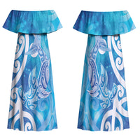 Hammerhead Shark Tattoo New Zealand Family Matching Off Shoulder Maxi Dress and Hawaiian Shirt Maori Galaxy Mangopare Pattern LT14 Mom's Dress Turquoise - Polynesian Pride