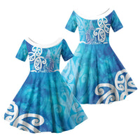 Hammerhead Shark Tattoo New Zealand Family Matching Short Sleeve Bodycon Dress and Hawaiian Shirt Maori Galaxy Mangopare Pattern LT14 Daughter's Dress Turquoise - Polynesian Pride