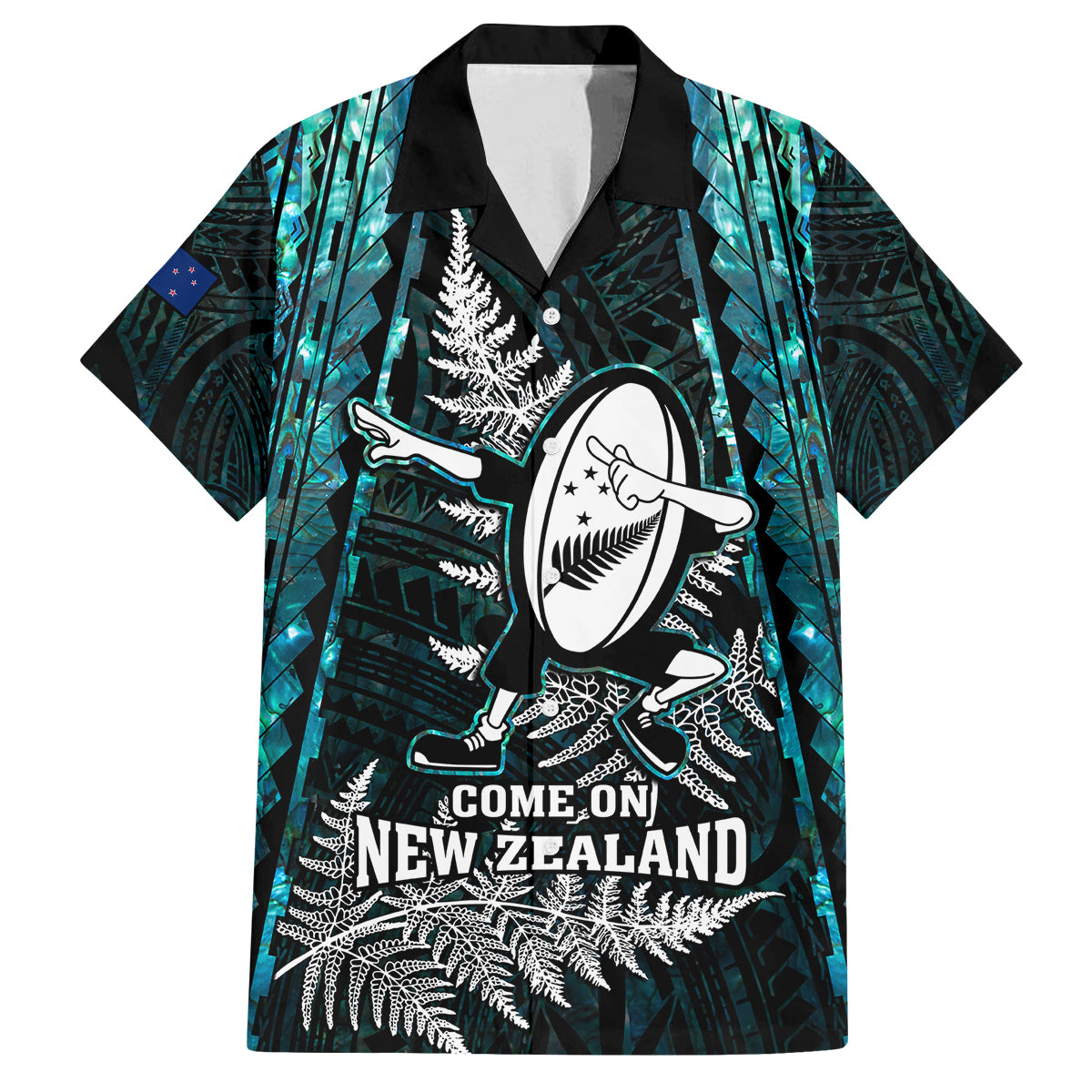 New Zealand Silver Fern Rugby Family Matching Mermaid Dress and Hawaiian Shirt Aotearoa All Black Dabbing Ball With Maori Paua Shell LT14 Dad's Shirt - Short Sleeve Turquoise - Polynesian Pride
