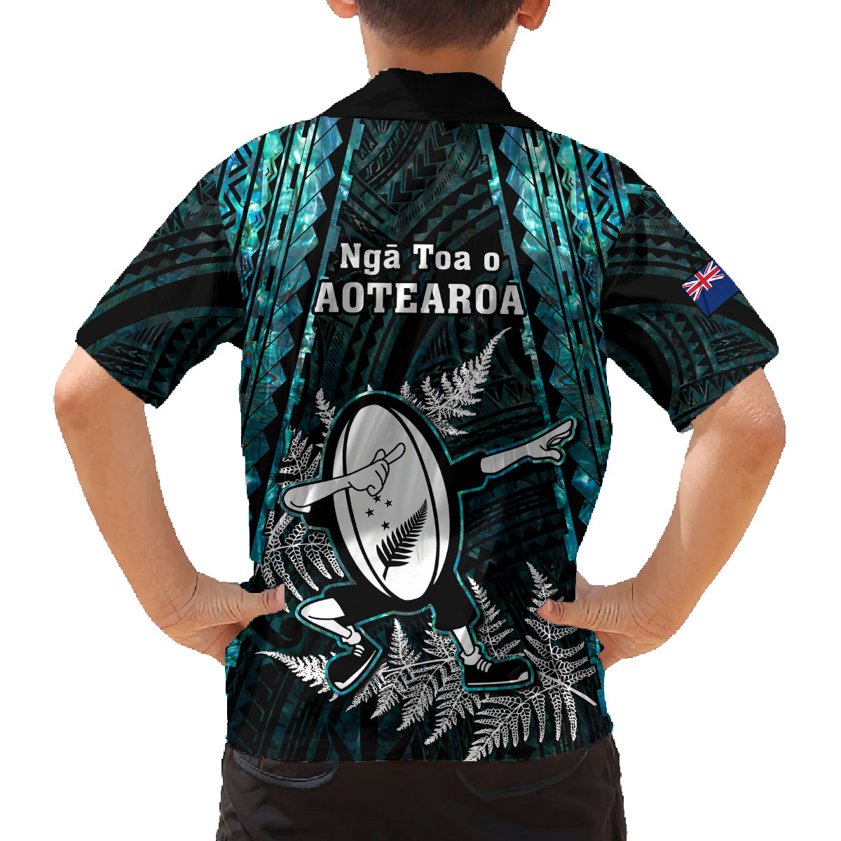 New Zealand Silver Fern Rugby Family Matching Off Shoulder Maxi Dress and Hawaiian Shirt Aotearoa All Black Dabbing Ball With Maori Paua Shell LT14 - Polynesian Pride