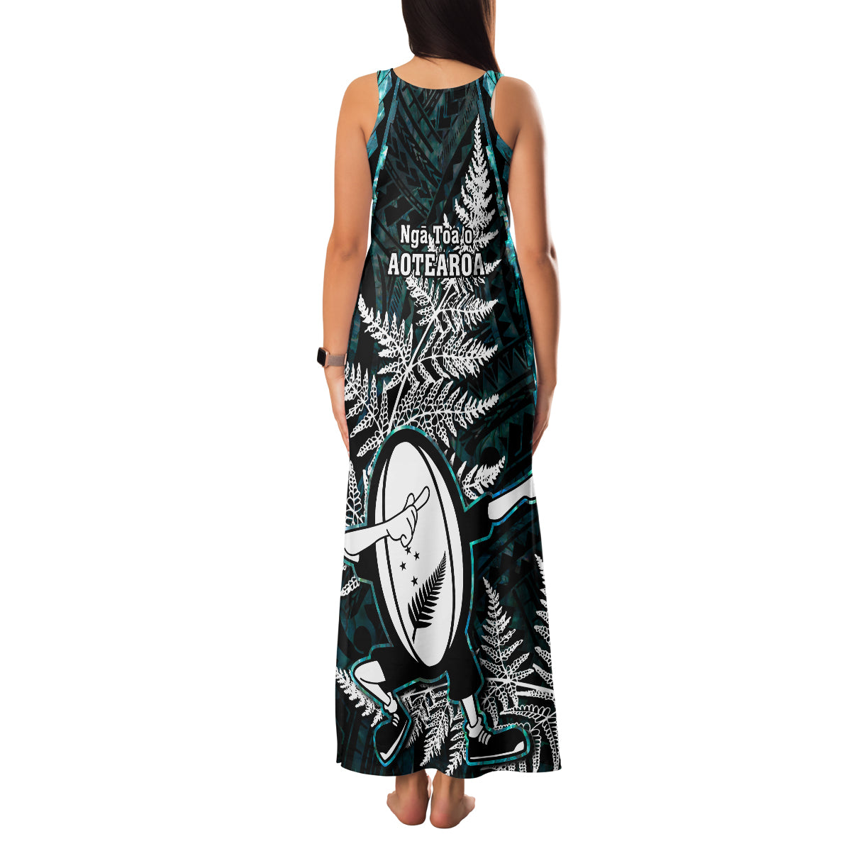 New Zealand Silver Fern Rugby Family Matching Tank Maxi Dress and Hawaiian Shirt Aotearoa All Black Dabbing Ball With Maori Paua Shell LT14 - Polynesian Pride