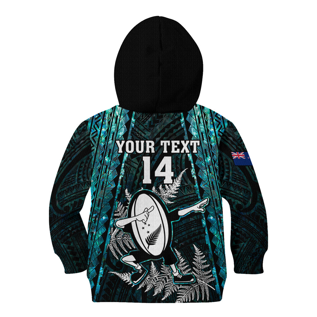 Custom New Zealand Silver Fern Rugby Kid Hoodie Aotearoa All Black Dabbing Ball With Maori Paua Shell LT14 - Polynesian Pride