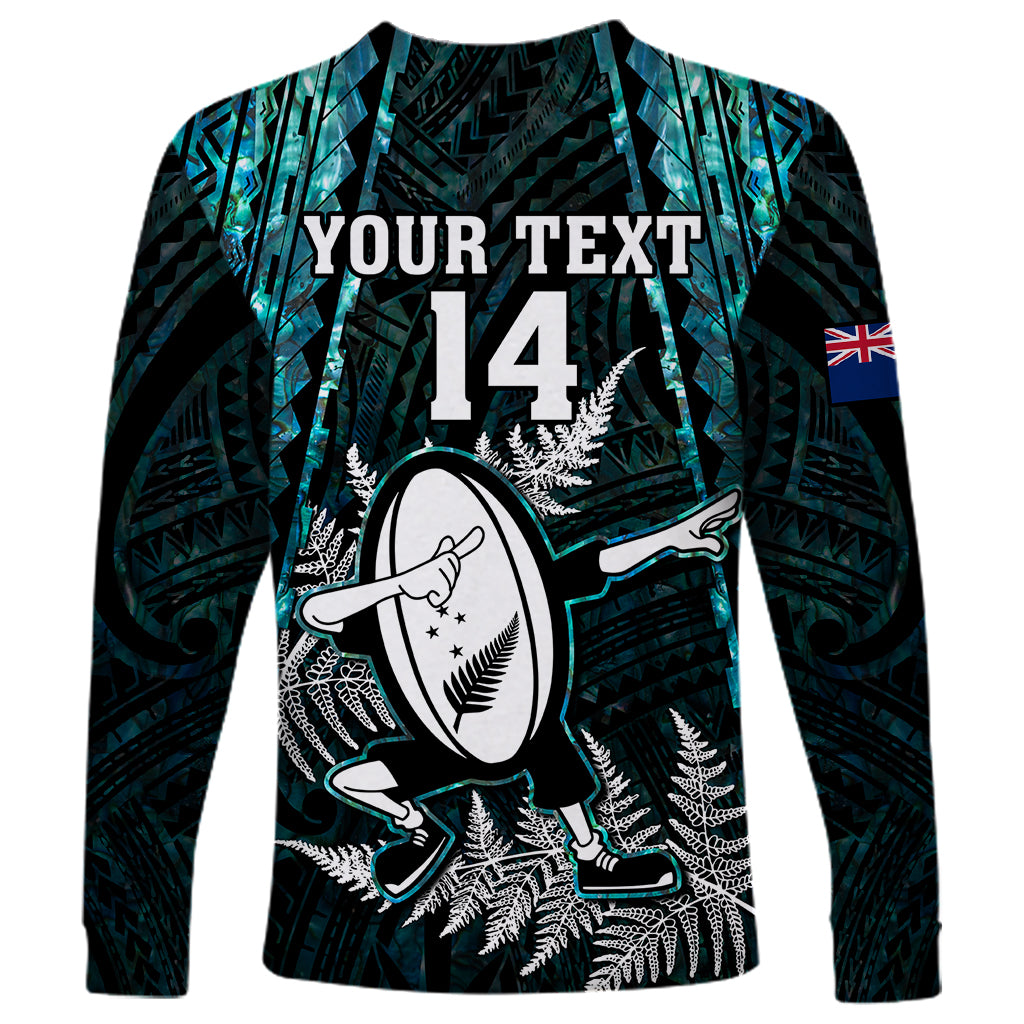 Custom New Zealand Silver Fern Rugby Long Sleeve Shirt Aotearoa All Black Dabbing Ball With Maori Paua Shell LT14 - Polynesian Pride