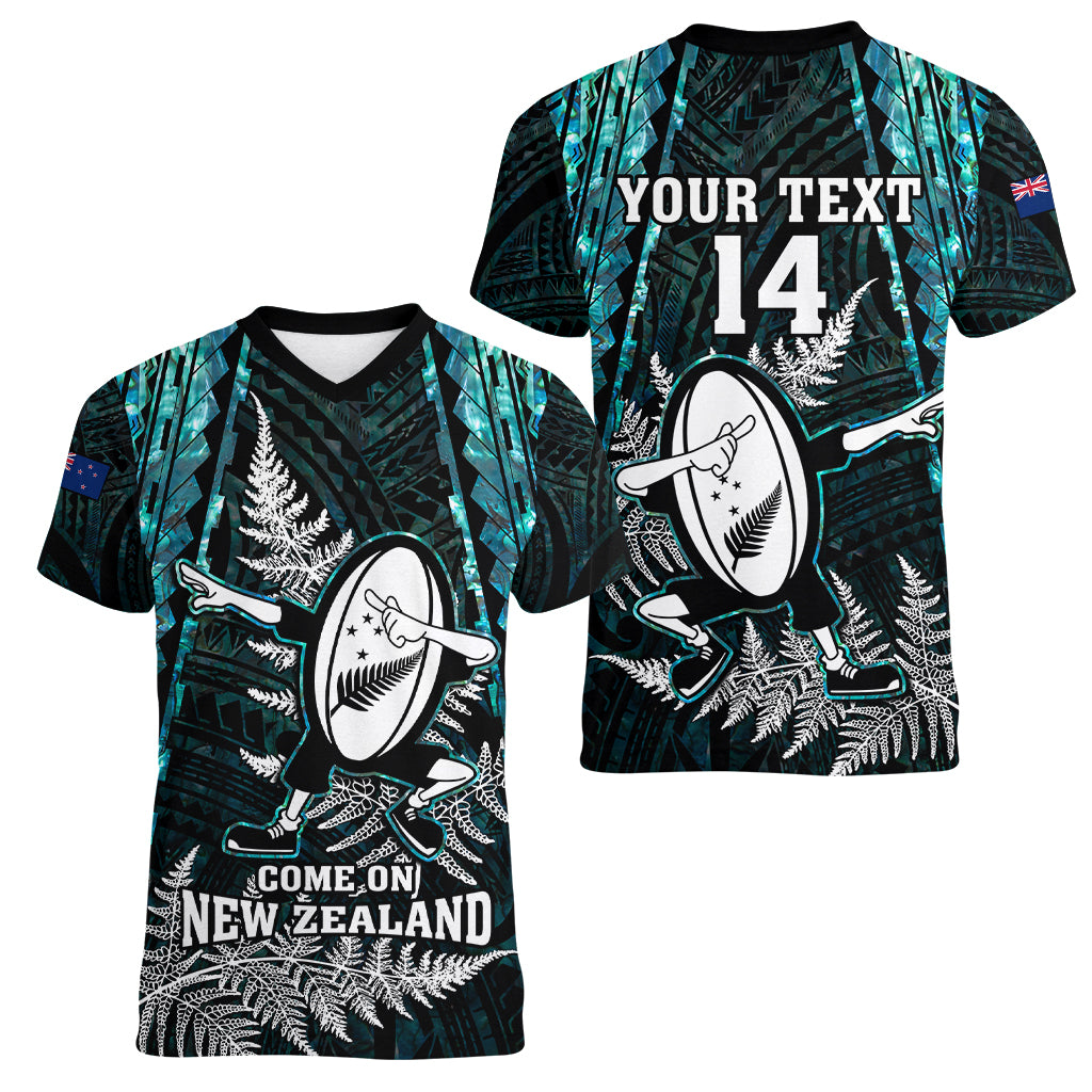 Custom New Zealand Silver Fern Rugby Women V Neck T Shirt Aotearoa All Black Dabbing Ball With Maori Paua Shell LT14 - Polynesian Pride