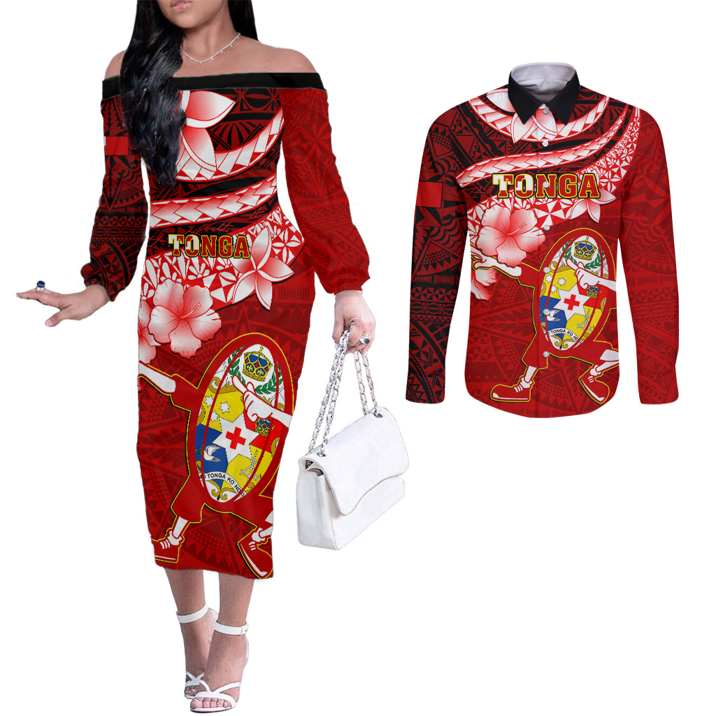 Tonga Rugby Couples Matching Off The Shoulder Long Sleeve Dress and Long Sleeve Button Shirts Ikale Tahi Tongan Ngatu Pattern With Dabbing Ball LT14 Red - Polynesian Pride