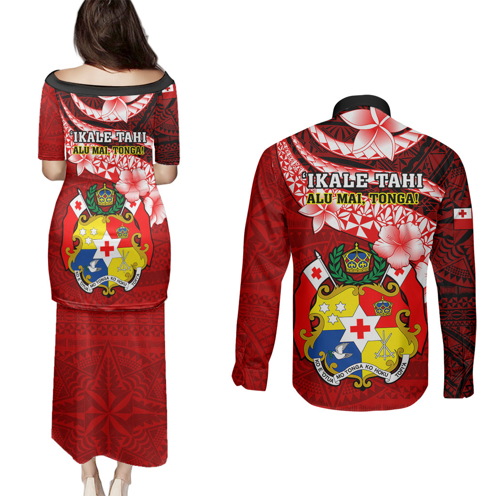 Tonga Rugby Couples Matching Puletasi Dress and Long Sleeve Button Shirts Ikale Tahi Tongan Ngatu Pattern With Dabbing Ball LT14 - Polynesian Pride