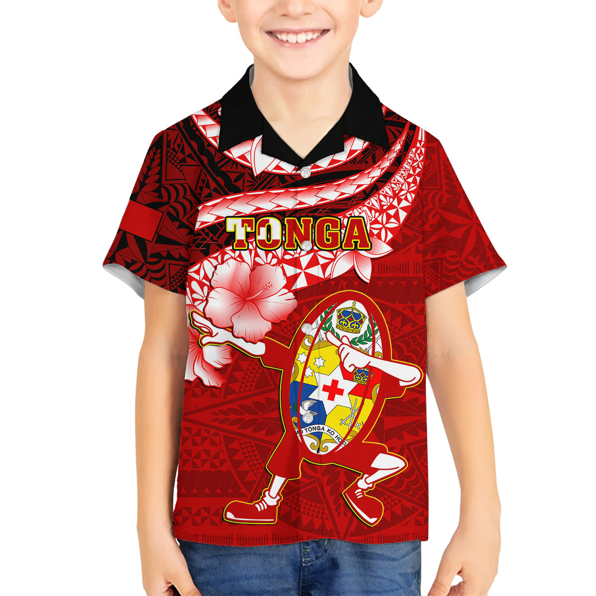 Tonga Rugby Kid Hawaiian Shirt Ikale Tahi Tongan Ngatu Pattern With Dabbing Ball LT14 - Polynesian Pride