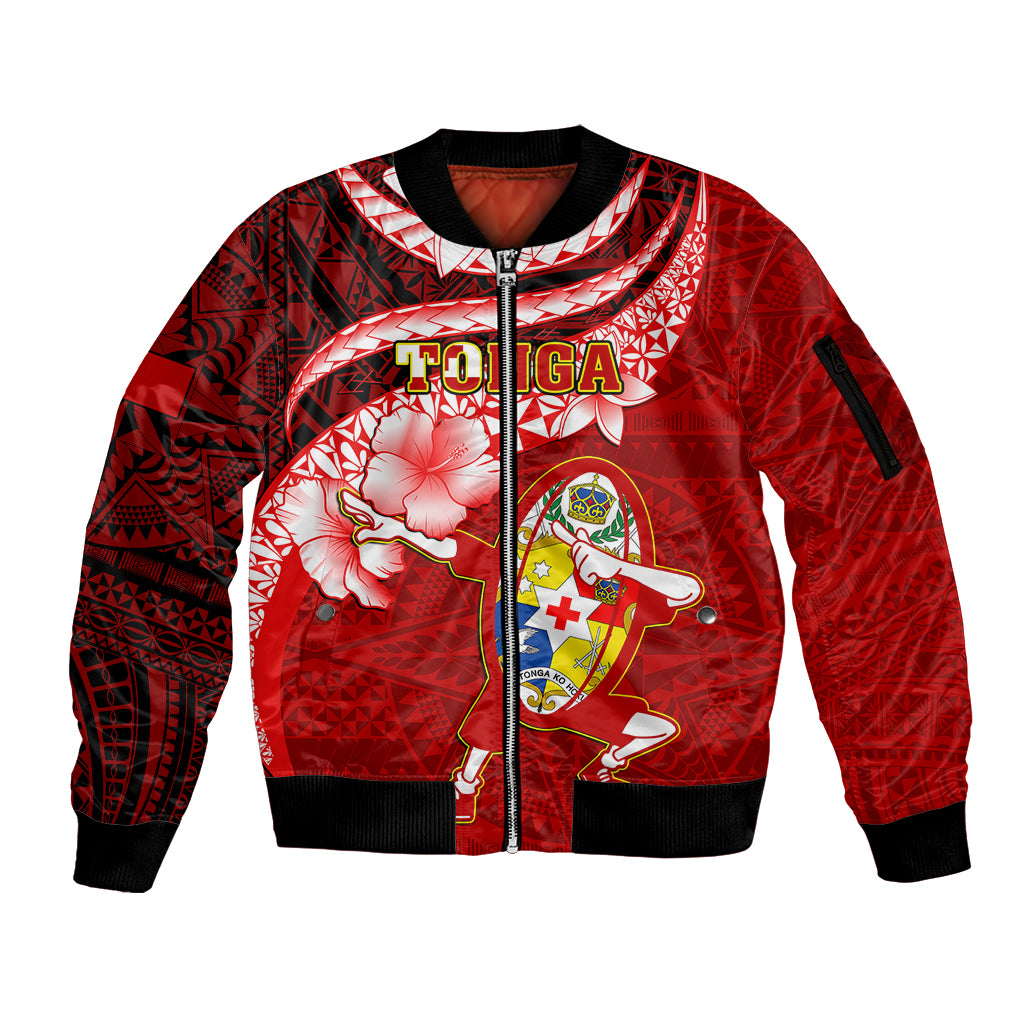 Tonga Rugby Sleeve Zip Bomber Jacket Ikale Tahi Tongan Ngatu Pattern With Dabbing Ball LT14 Unisex Red - Polynesian Pride
