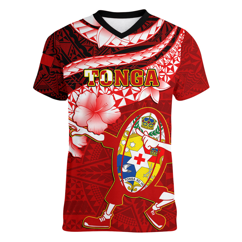 Tonga Rugby Women V Neck T Shirt Ikale Tahi Tongan Ngatu Pattern With Dabbing Ball LT14 Female Red - Polynesian Pride